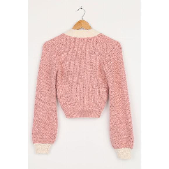 LuLu's Little Bit Of Sweetener Pink And Cream Cropped Cardigan Sweater Size Xs - Picture 4 of 10